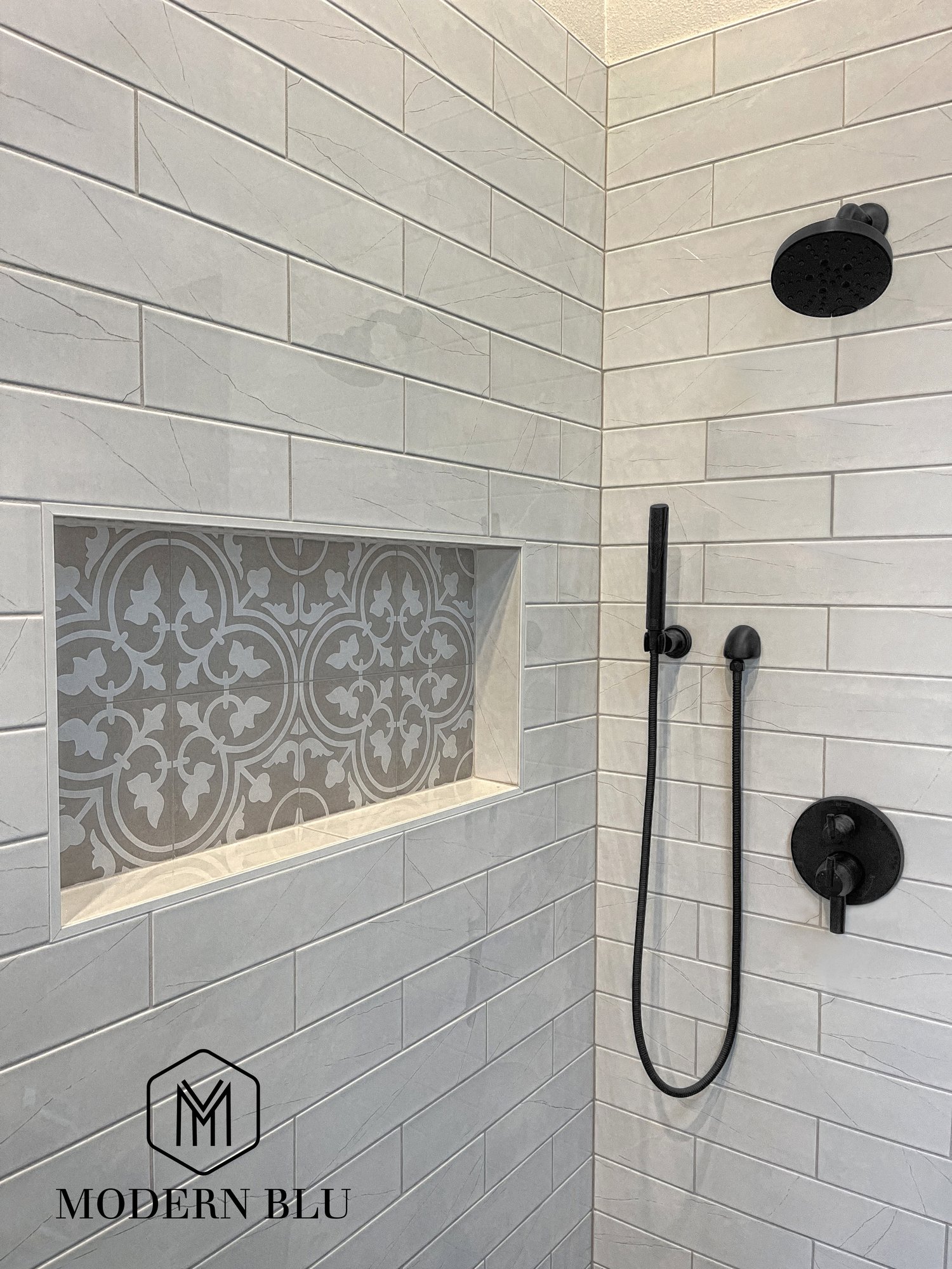 SHower with High end fixtures, custom nook